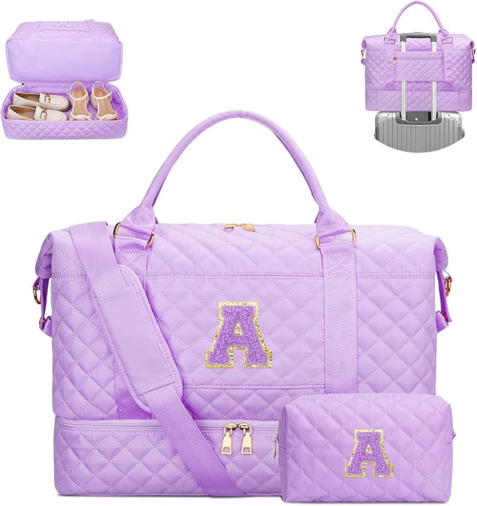 Gifts for Teen Girl Initial Travel Duffle Bag Quilted Weekender Bags Carry-On Overnight with Cosmetic Bag, Gym Bag with Shoe Compartment Hospital Bag for Women Labor Delivery, Purple-A