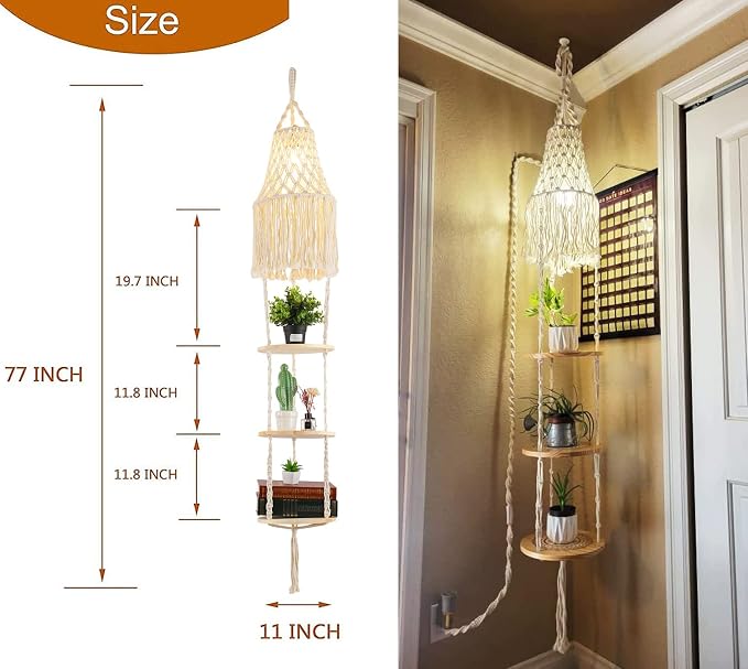 QIYIZM Boho Plug in Pendant Light Hanging Light with Plug in Cord,Dimmable Switch Hanging Lamp Macrame Lamp Shade and Plant Holder Shelf Indoor for Bohemian Decor Bedroom Corner Living Room