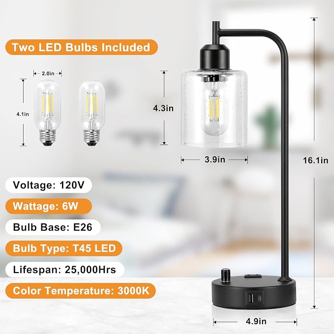 Industrial Bedside Lamps Set of 2, Fully Dimmable Desk Lamps for Bedroom | Glass Shade, USB C+A Charging Port & Outlet, Black Nightstand Table Lamps for Living Room, Office, Reading, Vintage