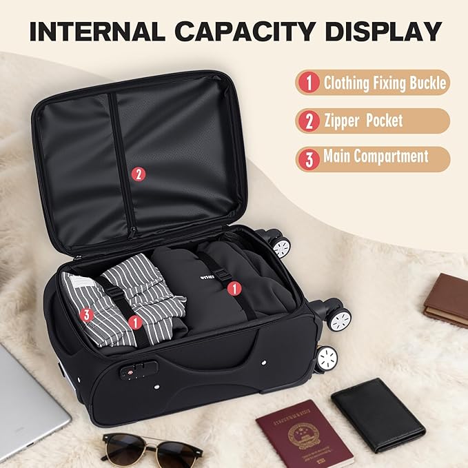 VJI Softside Expandable Carry on Luggage with Spinner Wheels, Lightweight Fabric Suitcase with TSA Lock, Smooth Rolling Travel Luggage for Business and Vacation, 21 Inch