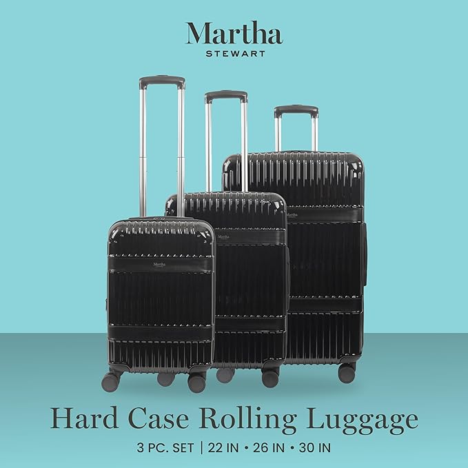 Martha Stewart The Bedford 3 Piece Rolling Luggage Set, Hardshell Suitcases with Spinner Wheels, 22/26/30 Inch, Black
