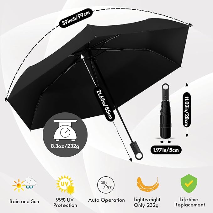 Windproof Compact Travel Umbrella,Large Strong but Light Portable and Automatic Folding Rain Umbrella, small inverted for travel size