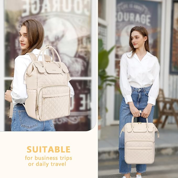 MOSISO Laptop Backpack for Women Men, 15-15.6 inch Rhombus Quilted Flight Approved Travel Backpack with PU Handle, 16 inch Carry on Daypack with USB Port for College Work Business, Beige