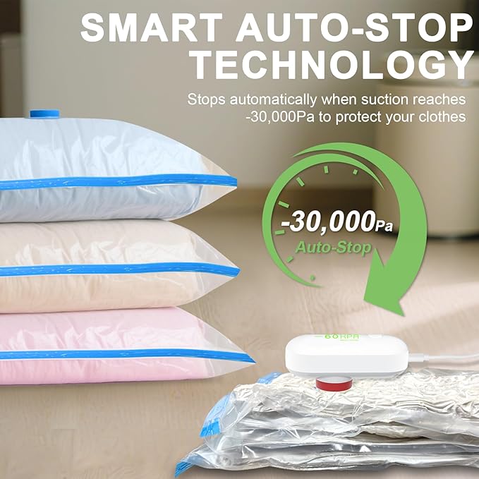 15 Pack Vacuum Seal Bags for Clothing Travel with -60000Pa USB Pump, Save 80% of Space for Clothes (15 Combo)