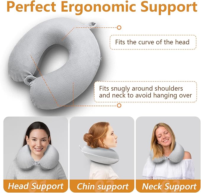 Travel Pillow, Memory Foam Neck Pillow for Traveling Winter Summer, U Shape Neck Pillow Airplane Portable Flight Pillow Adult Travel Neck Pillow for Plane Train Car Home Office - Grey