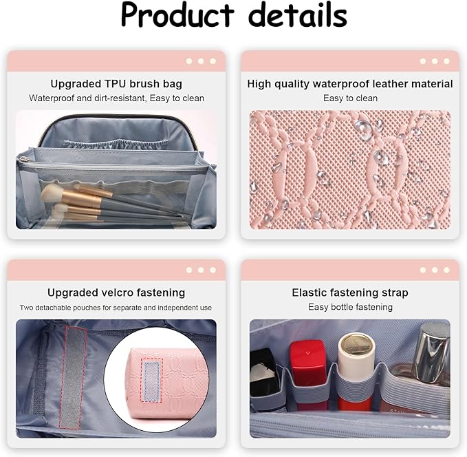 BOYATU Travel Makeup Bag for Women: Cosmetic Organizer Bag with Compartments - Leather Make up Bags Set of 3 (G-3-Pink)