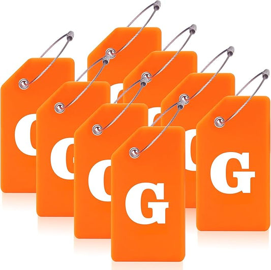Gostwo 8 Pack Luggage Tags for Suitcases, 26 Initial Letter Travel Luggage Baggage Identification Labels ID Tags Fully Bendable Tags with Stainless Steel Loop (Letter G, Orange)