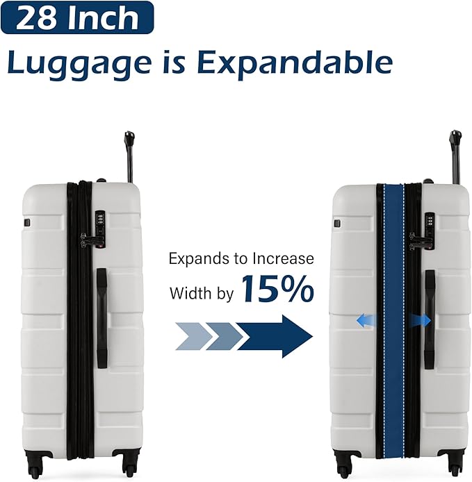 Coolife Luggage Set 3 Piece Hardside PC+ABS Suitcase with TSA Lock, Expandable Large Checked Luggage, Lightweight Rolling Carry On with Spinner Wheels(20/24/28 Inch, White)