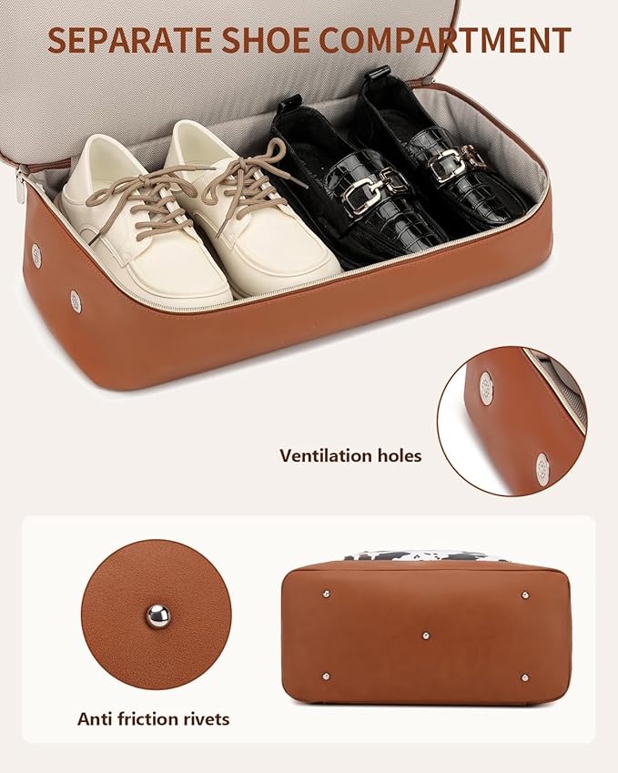 Weekender Bags for Women, Travel Duffle Bag Carry On Overnight Bag with Cosmetics Bag and Crossbody Purse for Gym Hospital, Gifts for Women, Cow Print Brown