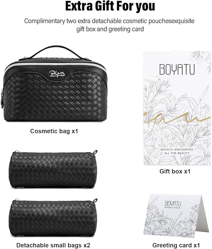 BOYATU Travel Makeup Bags for Women: 3 Pcs Large Make up Bags Set - Vegan Leather Cosmetic Bag for Traveling - Waterproof Toiletry Organizer (L05 Black)