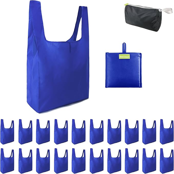 BeeGreen Blue Reusable Grocery Bags Wholesale Blue Reusable Kitchen Bags Bulk Foldable-Machine Washable with Zipper Storage Pouch 20 Packs