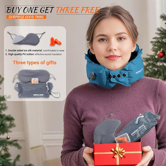 Inflatable Travel Pillow for Airplane, Inflatable Neck Pillow Airplane Pillow for Travel Office Nap Neck Support, Buy 1 Get 3 Professional Sleeping Eye Mask and Highly Silent