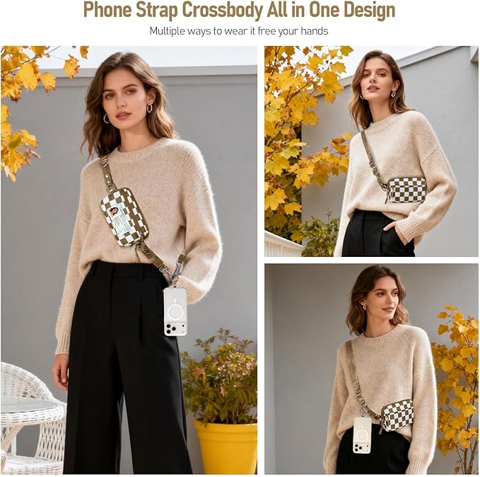Tiostep Clip and Go Strap for Phone with Wallet Crossbody Phone Lanyard and Detachable Checkered Bag with ID Window and RFID Pouch for Daily Travel.