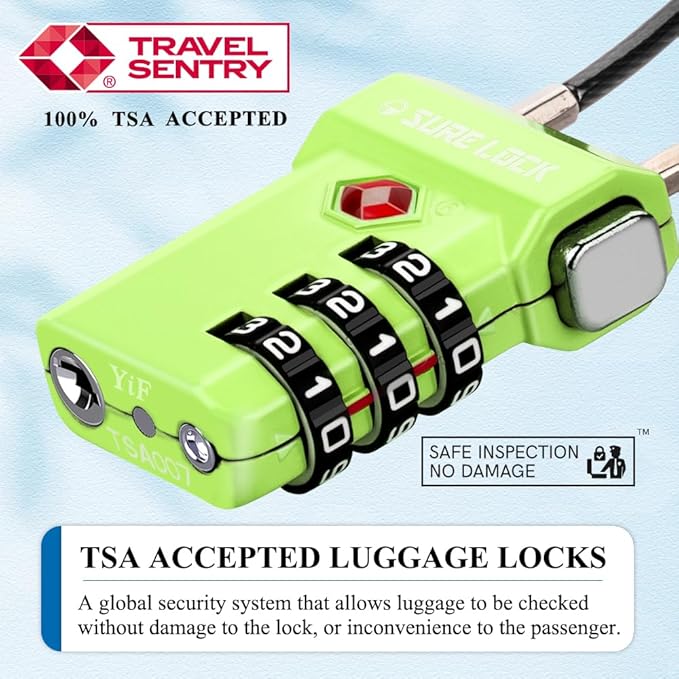 SURE LOCK TSA Approved Luggage Locks – 3-Digit Combination Cable Lock with Red Indicator, Large Dial & Easy-Press Button for Suitcases and Backpacks – Multi-Pack & Color Options
