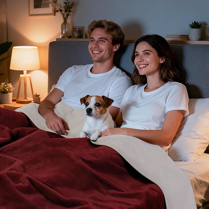 LOOBANI Waterproof Blanket for Bed: Reversible Soft Flannel Twin Bed Blanket 60" x 80", Leakproof Throw Spill-Proof Dog Pet Blanket for Couch, Sofa Protect, Movie Time, Camping, Travel, Red