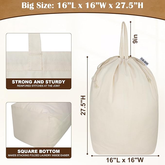 Canvas Laundry Bags with Handles & Square Base 16"Lx16"W x27.6"H, Extra Large Heavy Duty Laundry Basket Hamper Liner, Washable Drawstring Dirty Clothes Bag Canvas Storage Sack(Beige,1 Pack)