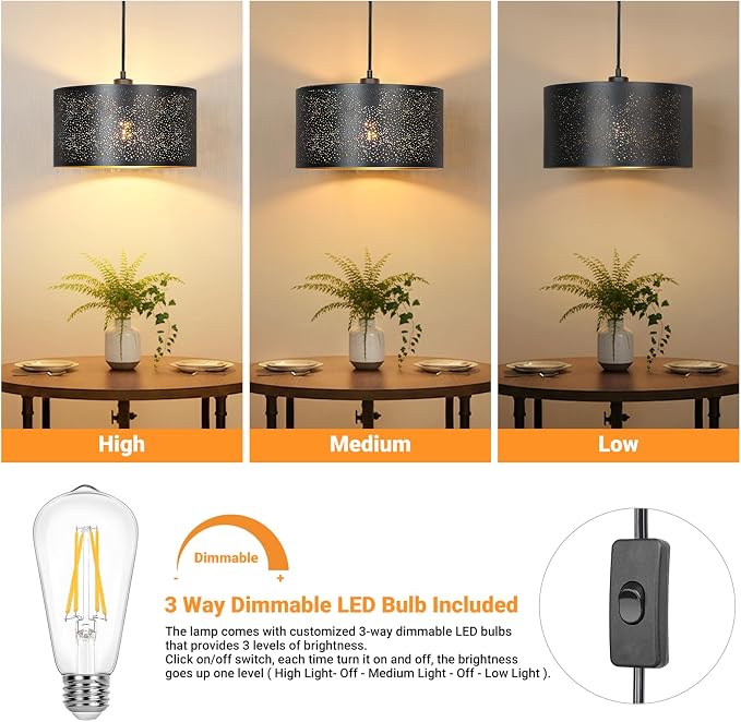 Qingmiao Boho Plug in Pendant Light, Black Shade, 3 Way Bulb, 14ft Cord | Hanging Lamp Plug in, 3-Way Dimmable Hanging Light Fixture for Living Room Bedroom Kitchen Ceiling Home Decor