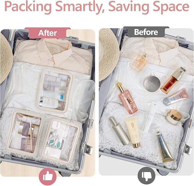PACKISM TSA Approved Toiletry Bag 4 Medium - Quart Size Clear Makeup Bag for Carry On, Airport Security Compliant Clear Travel bag for Toiletries with Reinforced Seams, Beige