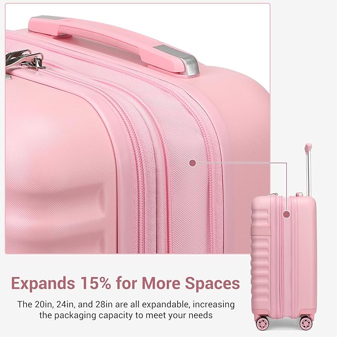 Kono Luggage Set 3 Pieces Expandable PC ABS Durable Suitcase Hardside with Double Spinner Wheels Tsa Lock Pink(20in/24in/28in)