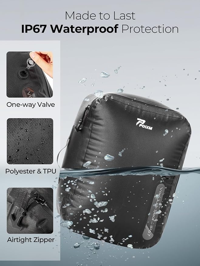 Vacuum Bags for Travel, 180° Open Zipper, IP67 Waterproof, Reusable Space Saver Compression Bags for Backpack, Suitcase(1 Pack, No Pump)