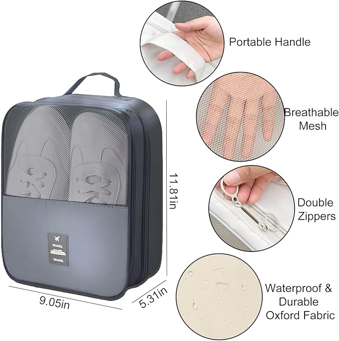 Shoe Bags for Travel Holds 3 Pair of Shoes, Shoe Storage Pouch with 2 Pack Portable Bags, Waterproof & Washable, Grey
