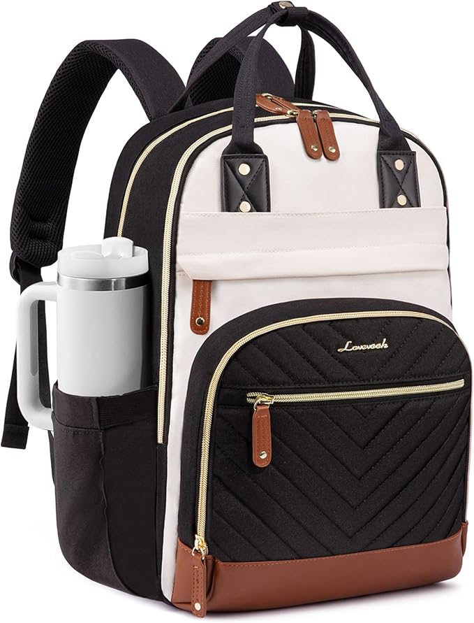 LOVEVOOK Laptop Backpack for Women with Giant Tumbler Holder Pocket,18.4 inch School College Book Bag Nurse Teacher Backpack,Waterproof Work Travel Backpack Purse Laptop Computer Bag,Beige-Black-Brown