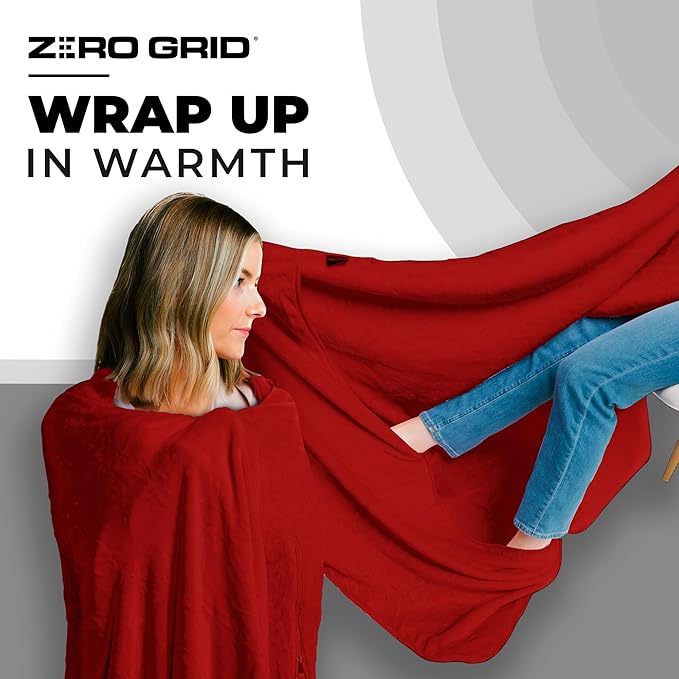 Zero Grid Lightweight Travel Blanket – Premium Compact Wearable Airplane Blanket with Neck Snaps, Cozy Foot Pockets, Zipper Pouch, converts to Soft Pillow for Ultimate Comfort - Scarlet