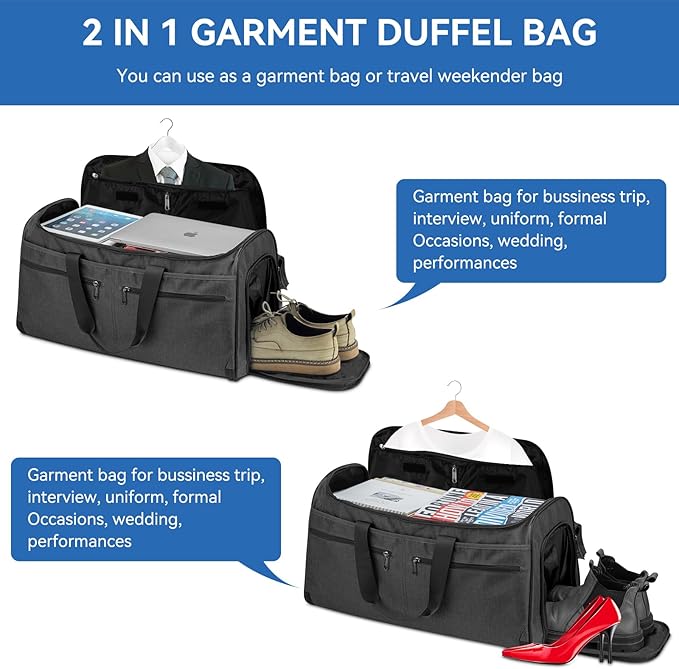 Garment Duffle Bags for Travel, Bukere Convertible Carry on Garment Duffel Bag for Men Women, Shoe Compartment, 2 in 1 Hanging Dress Suitcase Suit Travel Bags, Midnight Grey