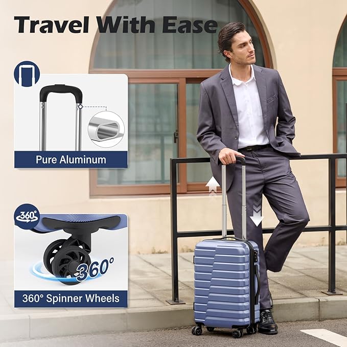 Coolife Carry On Luggage Airline Approved with Spinner Wheels, Hard Shell Suitcase TSA Lock Lightweight Travel Luggage 20-inch,Blue