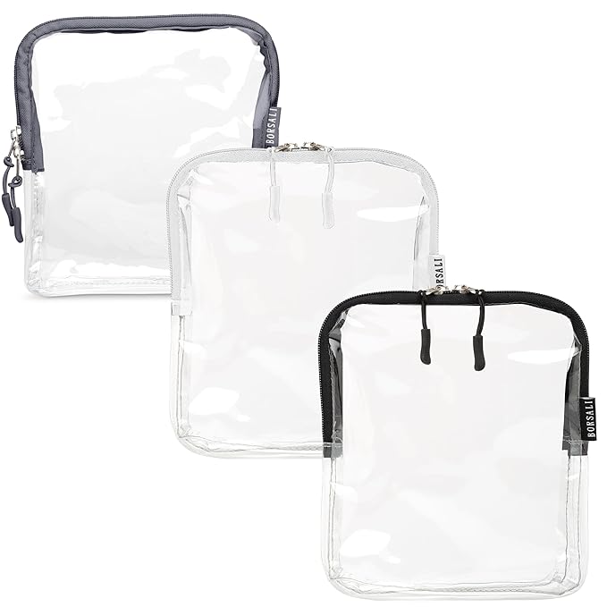 BORSALI TSA Approved Toiletry Bag - Clear Quart Size for 3-1-1 LIquids for Carry On Travel - Toiletries Organizer - Cosmetic Pouch with Zipper - Travel Accessories - Set of 3