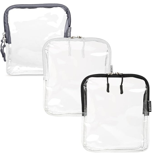 BORSALI TSA Approved Toiletry Bag - Clear Quart Size for 3-1-1 LIquids for Carry On Travel - Toiletries Organizer - Cosmetic Pouch with Zipper - Travel Accessories - Set of 3