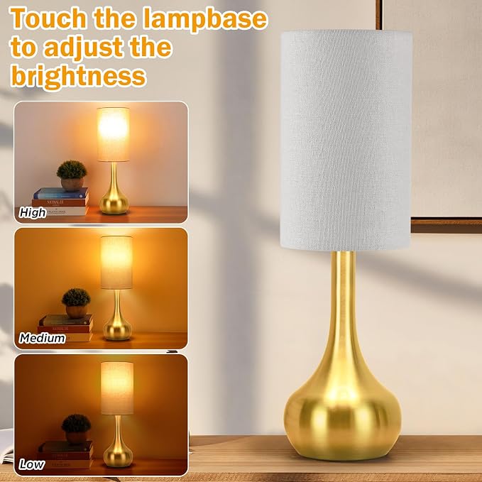 Touch Gold Table Lamp for Nightstand, 3-Way Dimmable, Space Saving & No Assembly Required, Upgraded Small Bedside Lamp for Bedroom, Living Room, Office (Bulb Included)