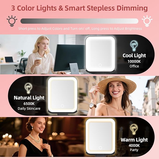 Travel Mirror with Lights, Rechargeable Magnifying Mirror 10X/1X Double-Sided, 3 Color Lighting, Smart Touch Dimming, Precision Tweezers, Lighted Makeup Mirror for Desk, Trip, Office (10.3"x5.2")
