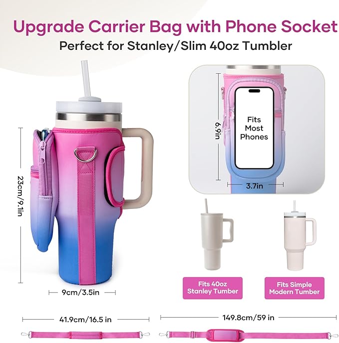 linmaya Water Bottle Carrier Bag for Stanley Cup 40/30oz with Phone Holder Pockets,Neoprene Water Bottle Cross-body Bag with Adjustable Shoulder & Hand Strap Stanley Cup Accessories