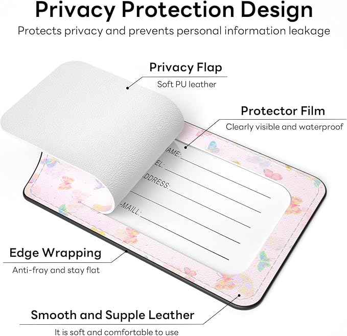 2 Pack PU Leather Luggage Tags for Suitcases, Privacy Protection Cover with Stainless Steel Loop and Address Card, Travel Cruise Essentials (Pink Butterfly)