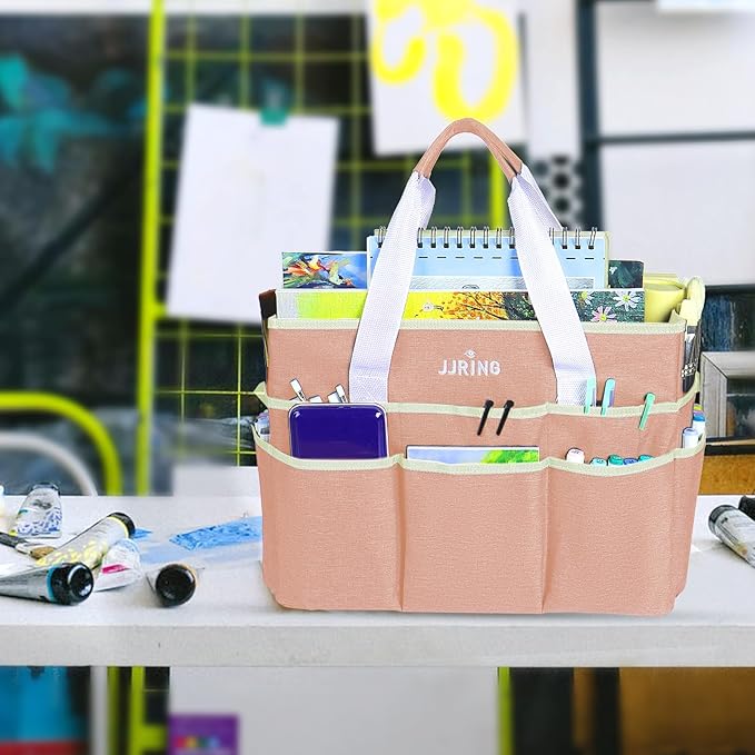JJRING Craft Organizer Tote Bag, Large Art Storage Caddy with Multiple Pockets, Beige Sewing Bag for Art, Craft, Scrapbooking, School, Medical, and Office Supplies Storage