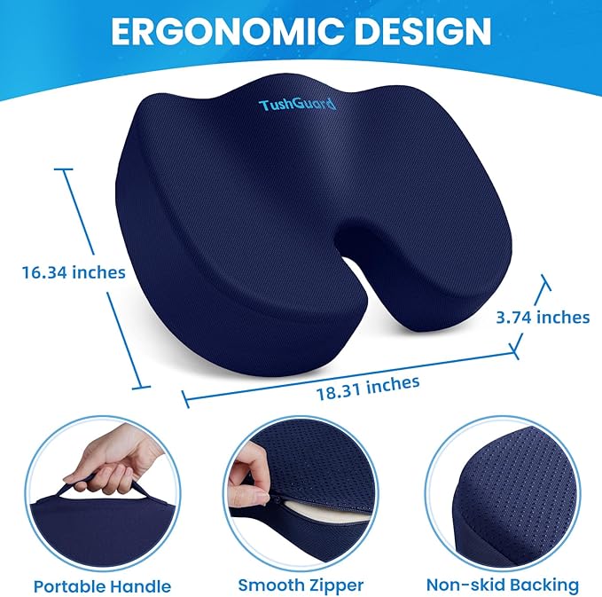 TushGuard Seat Cushion for Office Chair Memory Foam Non-Slip Cushion Back, Relief Chair Pad, Butt Pillow for Office, Car, Computer Desk, Blue, X-Large