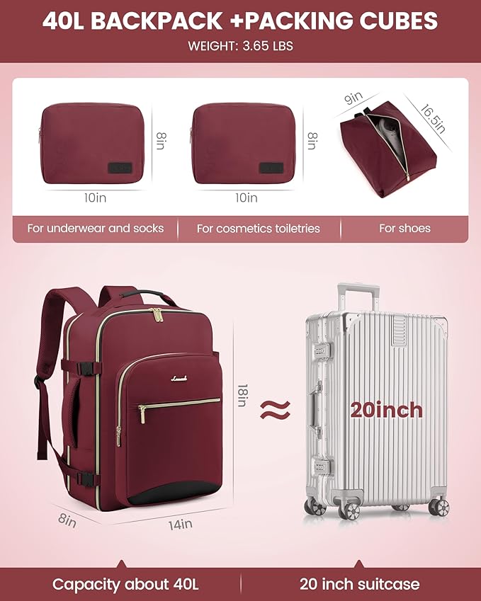 LOVEVOOK 40L Travel Backpack for Women Men,Waterproof Airline Approved Carry On Luggage Travel Essentials,TSA Carry On Backpack Personal Item Travel Bag Suitcase Weekender Traveling with Packing Cubes