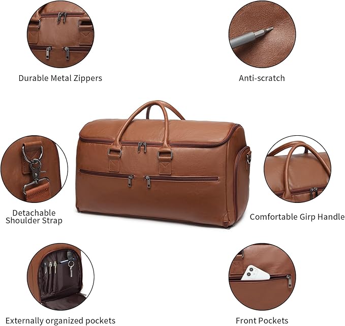 seyfocnia Garment Bag with Shoe Pouch Carry On Convertible Travel Duffel Bag for Men Women, 2 in 1 Hanging Suitcase Suit Business Travel Bag, Brown