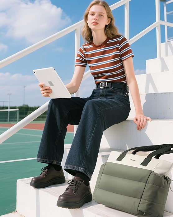 LOVEVOOK Tote Bag for Women with Giant Tumbler Holder Pocket, Puffer Work Travel Laptop Handbag with Zipper for Nurse Teacher