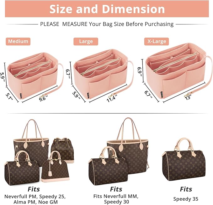 OPPOSHE Purse Organizer Insert for Handbags, Softened Felt Bag Insert Organizer for Tote, Compatible with LV, Coach, MK, Kate Spade, Goyard, Longchamp (Light Pink, Medium)