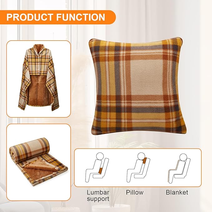 forestfish Wearable Blanket Compact Pillow 2-in-1, Lap Blanket Poncho with Button Plaid Throw Cushion for Home/Office/Sofa