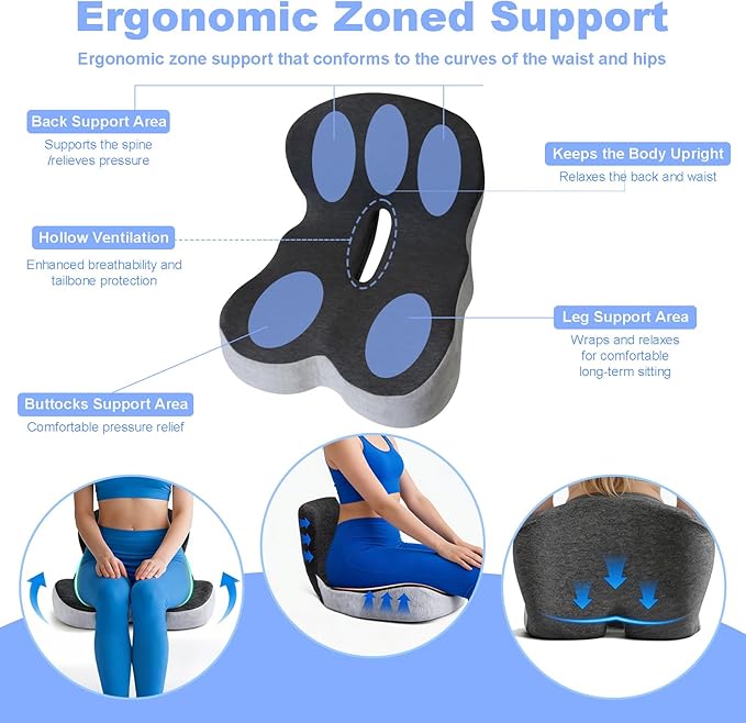 Trucker seat Cushions for Long Sitting, Office Chair Seat Cushions for Office Chair with L-Shaped Ergonomic Design, Memory Foam Chair Cushion for Long Sitting Office Worker(Black Gray)