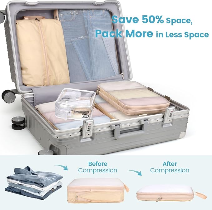 Cambond Mesh Compression Packing Cubes - 6 Piece Expandable See Through Packing Cubes for travel with Shoe and Makeup Bag, Travel Cubes for Packing Organizers Travel Accessories for Suitcases, Khaki