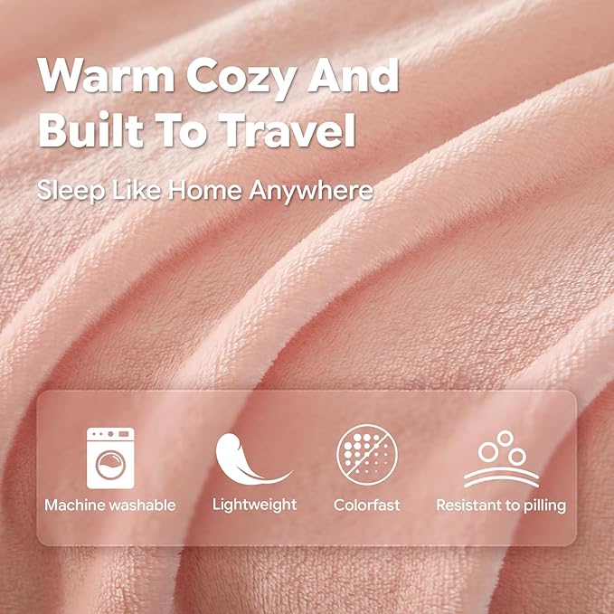 Travel Blanket, Soft 2-in-1 Airplane Blanket, 65x40 Inches, Travel Essentials Car Blanket with Luggage Sleeve & Backpack Clip (Peachy Pink)