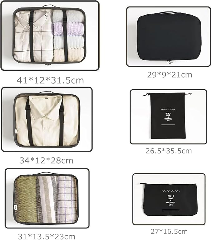 6 Set Packing Cubes for Travel, Luggage Organizers with Shoe & Toiletry Bags, Lightweight Suitcase Organizer for Carry-On, Washable Laundry Bags(Black)