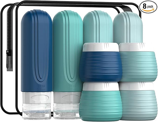 Travel Bottles for Toiletries 8 Pack, TSA Approved Travel Size Toiletries Containers Set, 4 Silicone Leak Proof Refillable Bottles and 4 Creams Jars Accessories Kit W/Clear Bag (GREEN)