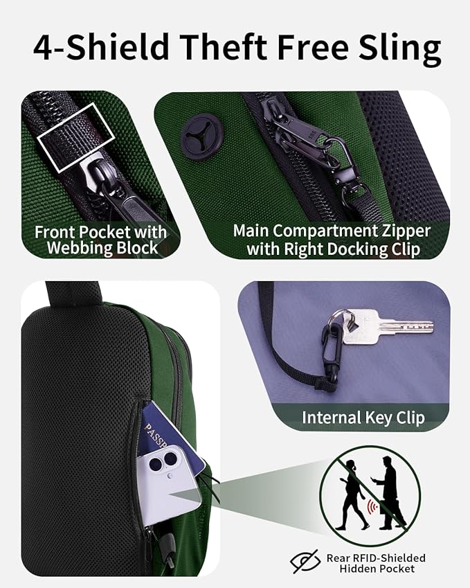 ECOHUB Anti-Theft Crossbody Bag Men Women, RFID Blocking Lightweight Sling Backpack Eco-Friendly with 9 Pockets Sturdy SBS Zippers Water Resistant for Travel Work Hiking Outdoor, Army Green