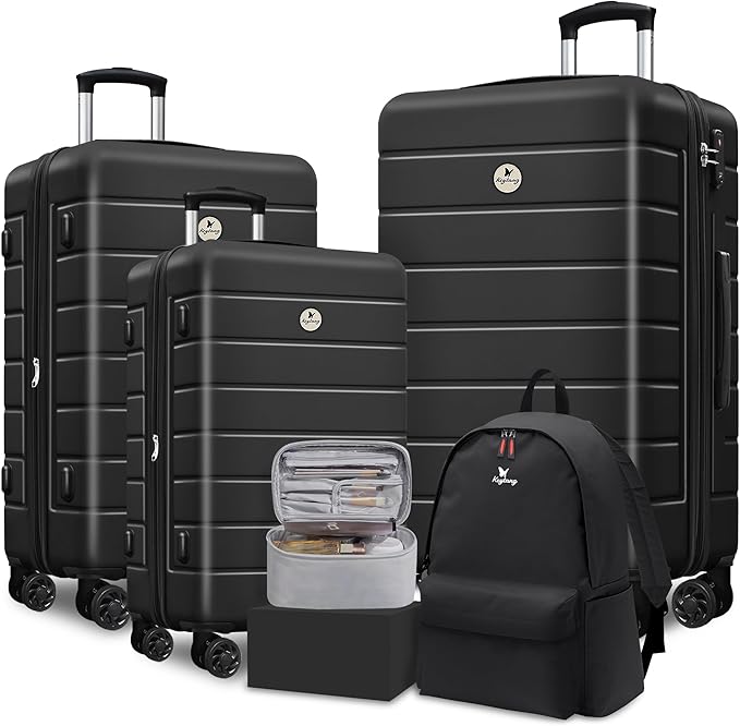 Classic Luggage Sets 5 Piece, Carry-On Luggage with Spinner Wheels, Lightweight Hardside Suitcase Set with TSA Lock,Travel Backpack & Makeup Bag, 20/24/28 inch, Black