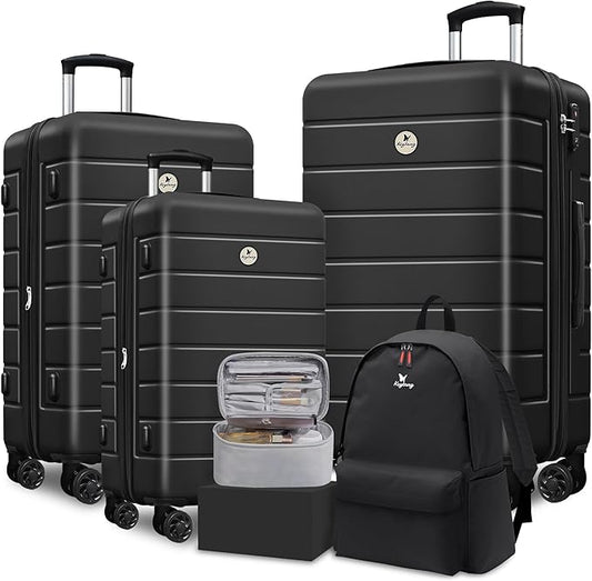 Classic Luggage Sets 5 Piece, Carry-On Luggage with Spinner Wheels, Lightweight Hardside Suitcase Set with TSA Lock,Travel Backpack & Makeup Bag, 20/24/28 inch, Black